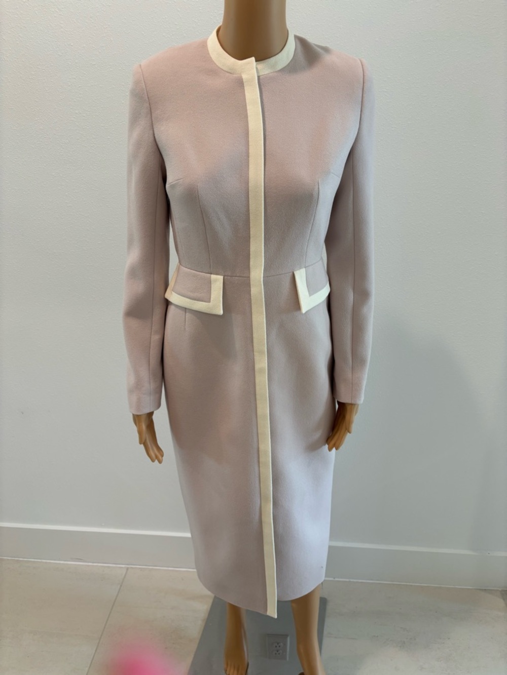 Elegant Blush Pink Sheath Dress with Cream Trim